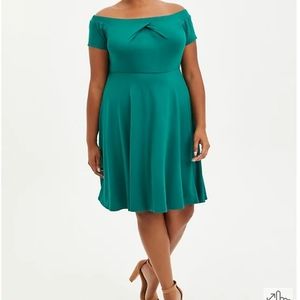green off shoulder dress